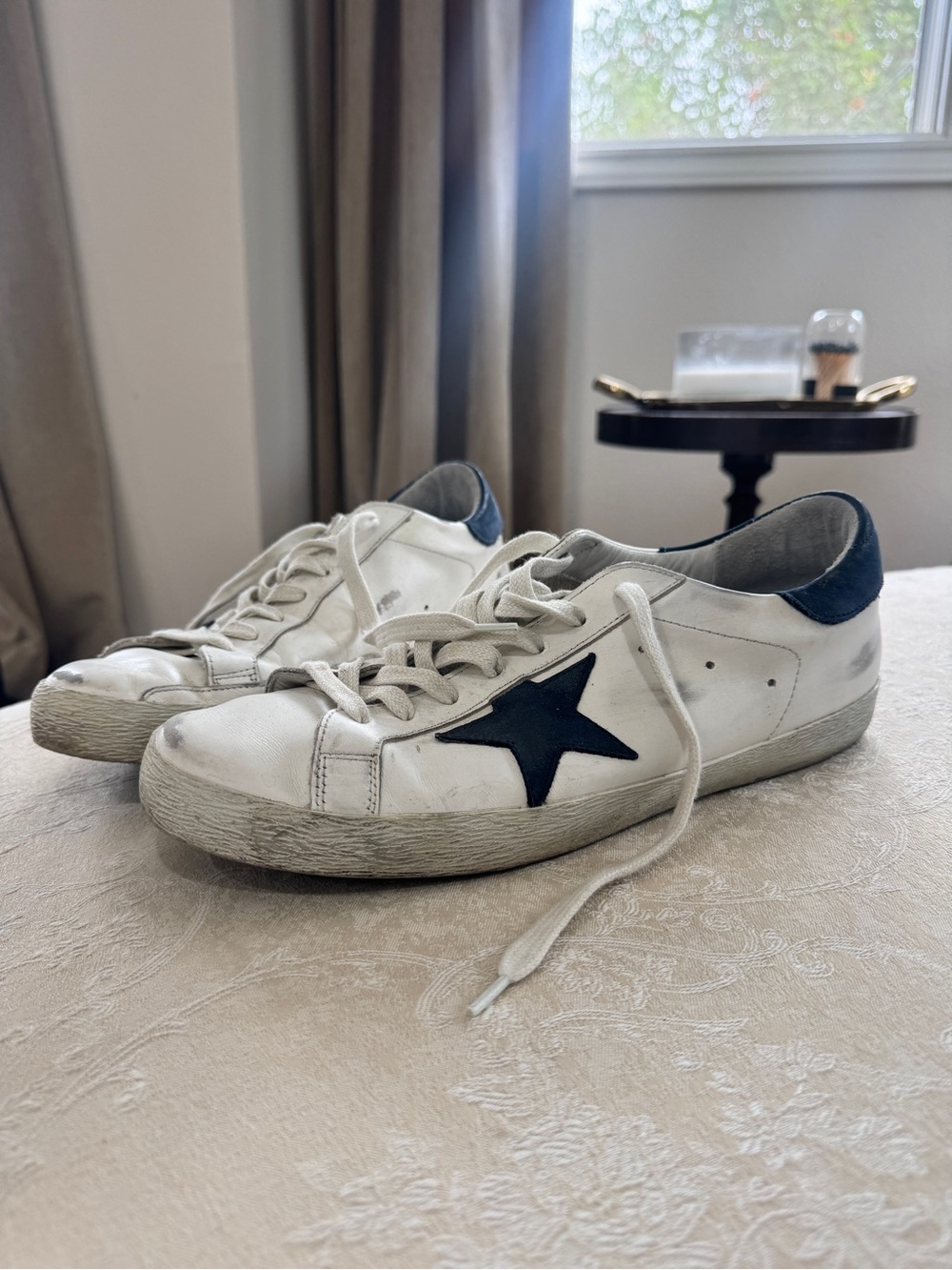 Golden Goose White Leather Sneakers with Navy Star and Red Tongue Tag